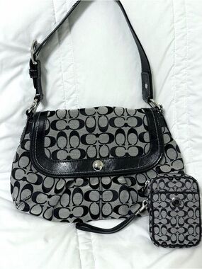 Coach Black & Gray Signature Canvas Shoulder Bag with Matching Wristlet